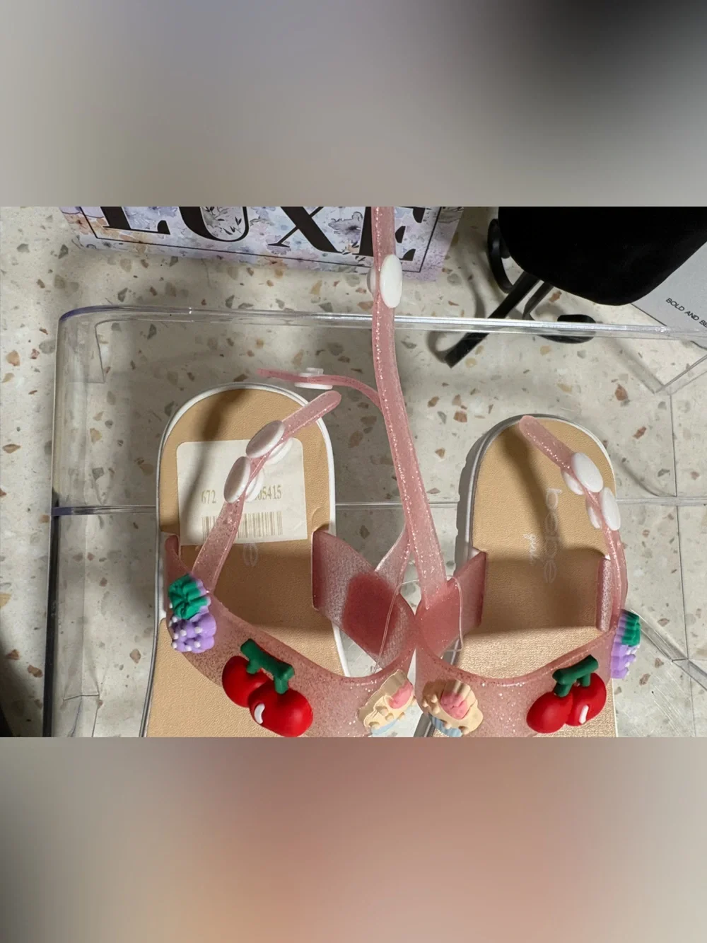 Bebe Girls Glitter Toddler Jelly Sandals with 3D Charms 🍒🍇🧁- Size S 11-12
